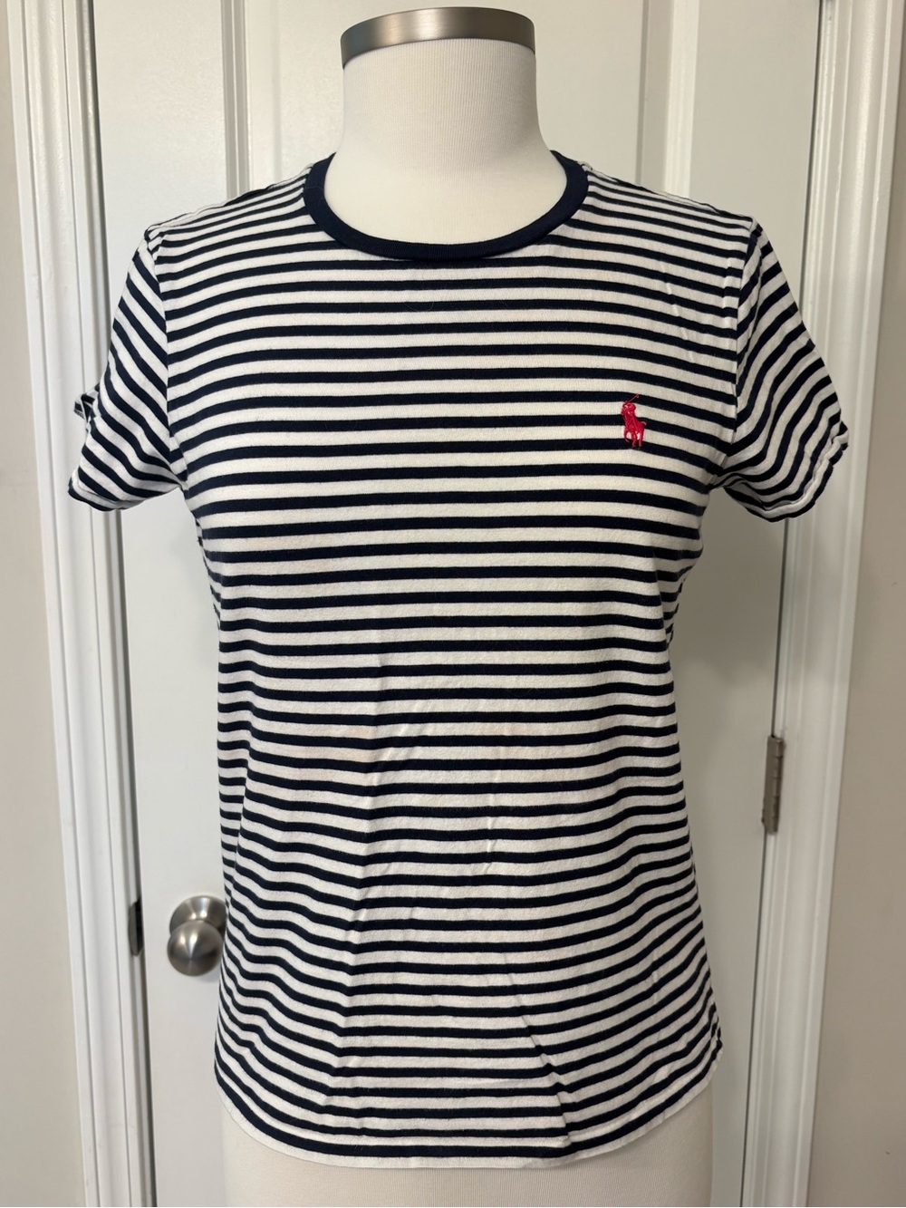 POLO Ralph Lauren Navy and White Striped Crewneck Tee with Pink Pony Large